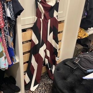 Chic Geometric Jumpsuit in Burgundy and Black